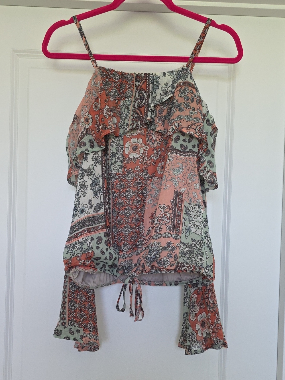 BCX Deep Coral and Sage Patchwork Ruffle Off Shoulder Long Sleeve Top.